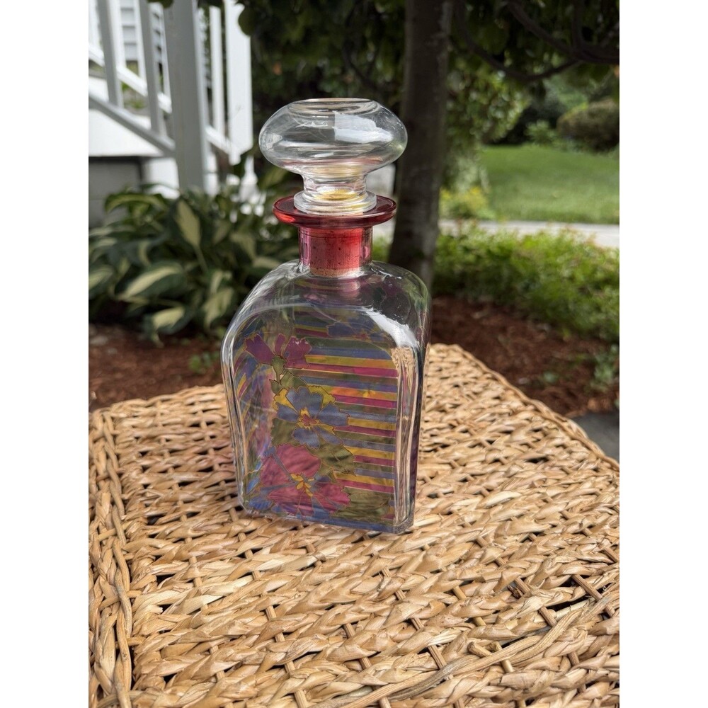 Vintage Italian Art Glass Decanter Floral Striped Pink Neck Stopper 9.5"